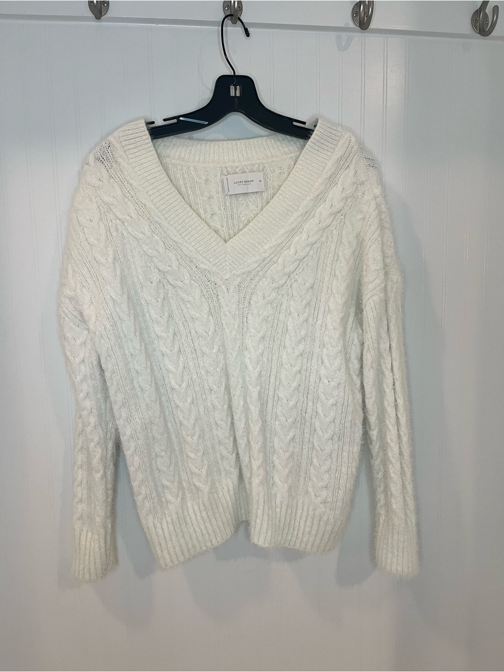 Lucky Brand Off-White Cable Knit V-Neck Sweater